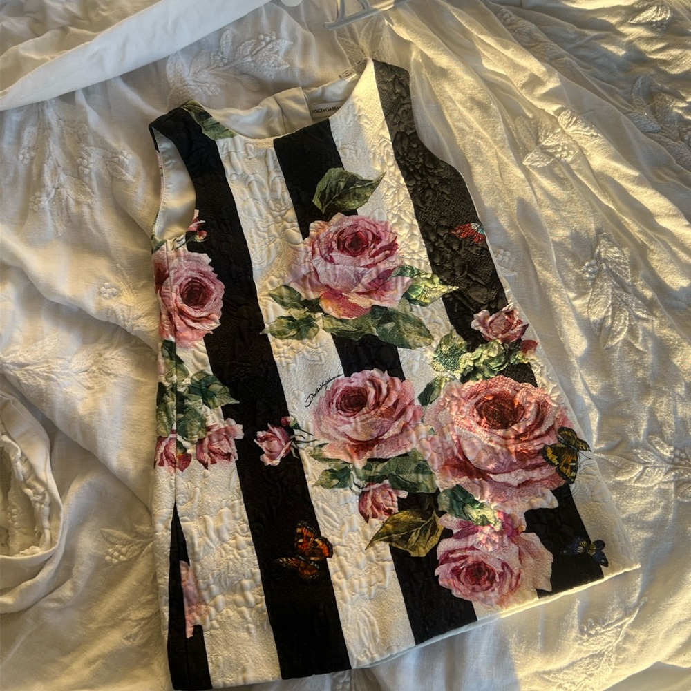 Dolce & Gabbana Black and White Dress with Pink Floral Accents